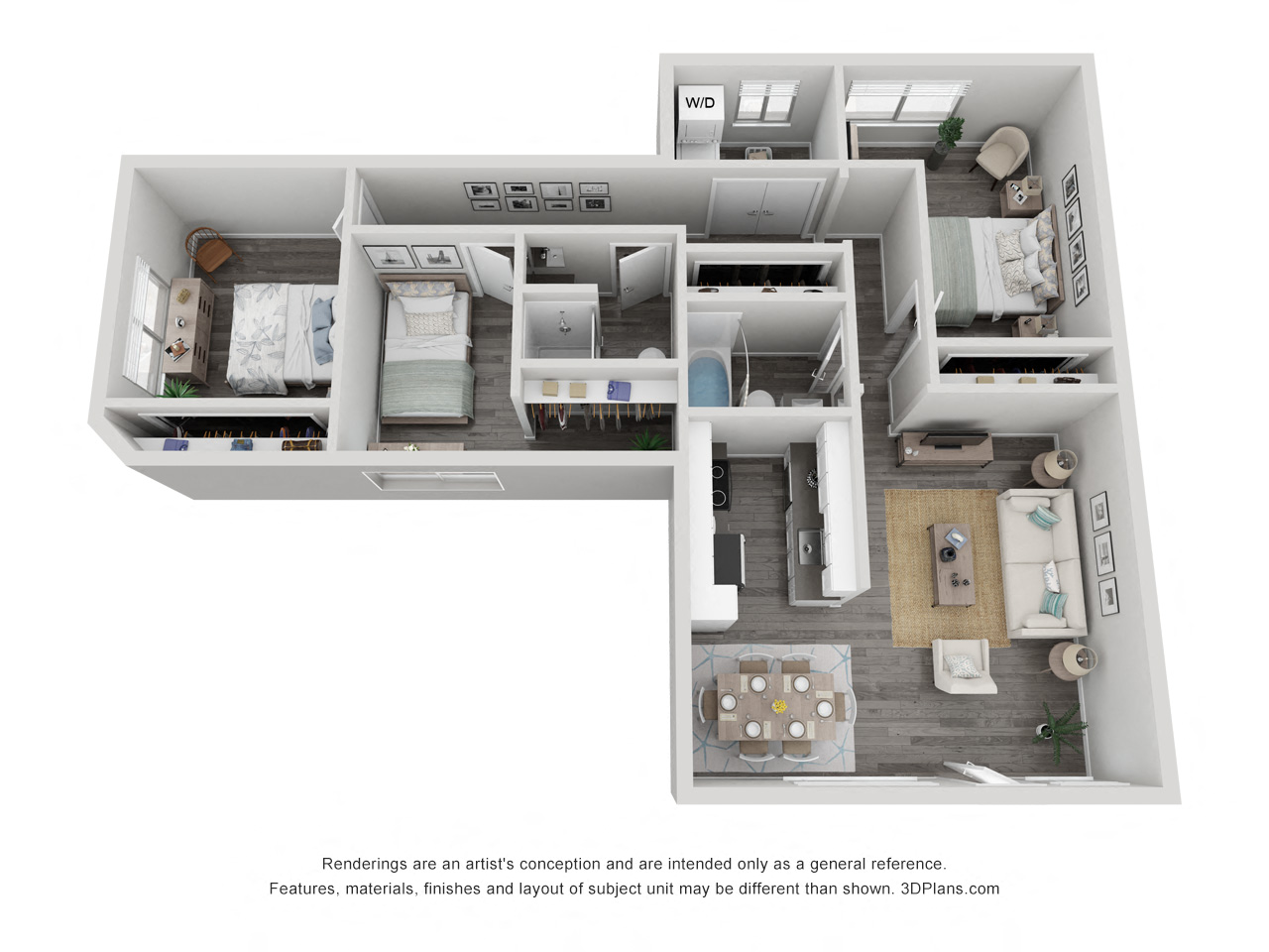 Floor plan for 3 beds, 2 baths, 1042 sqft